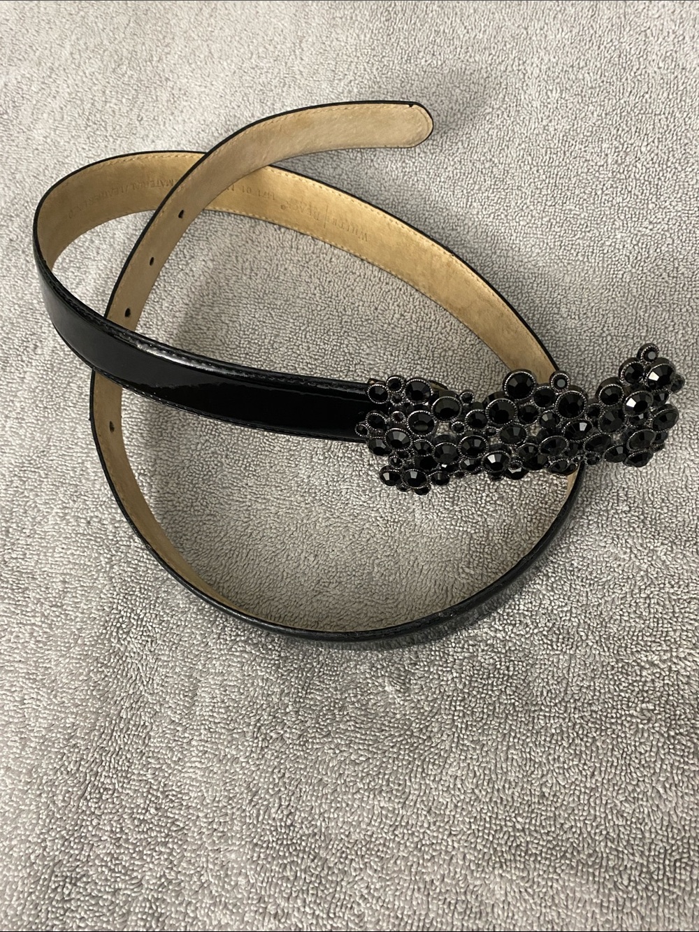 White House Black Market Black Patent Belt with Jeweled Cluster Buckle